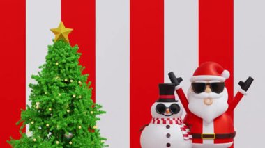 Mutlu Noel Baba kardan adam ve ren geyikleri neşelenin ve hediyelerle süslenmiş Noel ağacıyla el kaldırın. Mutlu Noeller. 4K görüntü.