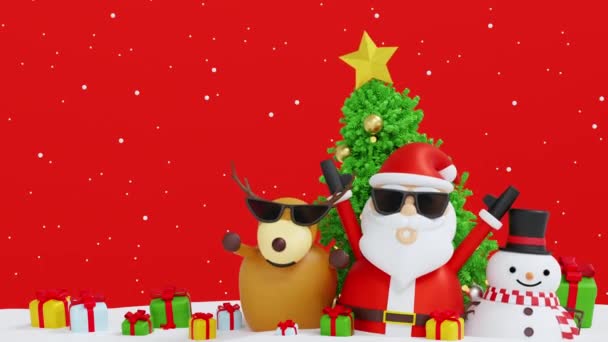 Santa Klauzule Saněmi Blízkosti Sněhuláka Vánoční Strom Dárky Box Šťastný — Stock video