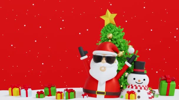 Clausola Babbo Natale Con Slitta Vicino Pupazzo Neve Albero Natale — Video Stock