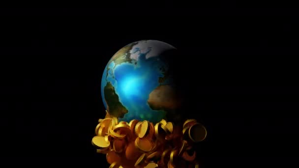 行星地球和金币 概念世界全球商业市场 世界范围内 3D渲染 — 图库视频影像