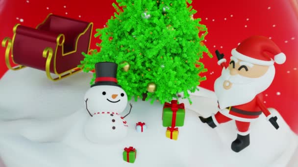 Happy Santa Cláusula Com Trenó Perto Boneco Neve Árvore Natal — Vídeo de Stock