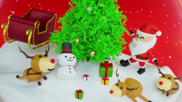 Щасливий Санта Рецепт Санчатами Поблизу Оленів Ялинки Подарункової Коробки Сніг — стокове відео