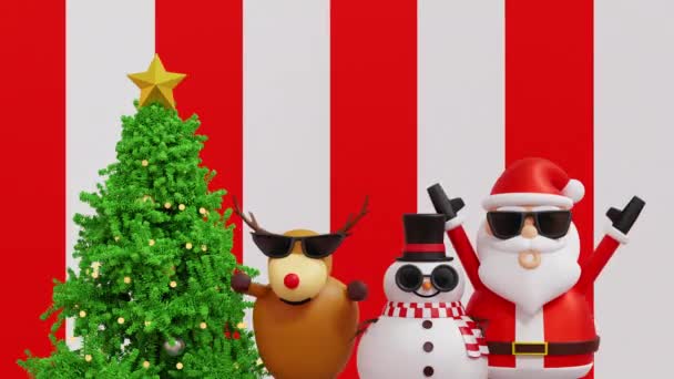 快乐的圣诞老人雪人和驯鹿欢呼起来 举手表决圣诞树装饰的礼物 快乐的圣诞背景 3D渲染 4K镜头 — 图库视频影像