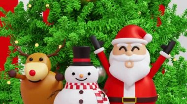 Mutlu Noel Baba kardan adam neşelen ve Noel ağacıyla süslenmiş Noel ağacıyla el kaldır. Mutlu Noeller arkaplan, 3D görüntüleme. 4K görüntü.