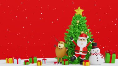 Noel Baba, kızak, kardan adam, Noel ağacı ve hediye kutusu, Mutlu Noeller ve Noel tebrik kartı, 3D 4K animasyon..