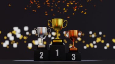 Altın, gümüş ve bronz kupalar kazanan podyumda, düşen konfetilerle, şampiyonluk ödülü, zafer anı, 3D görüntüleme. 4K görüntü.