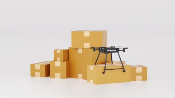 Drone Livrant Boîte Colis Autour Pile Boîte Carton Livraison Futuriste — Video