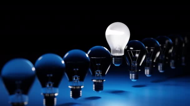 One Being Light Bulb Illuminate Rows Darkened Incandescent Lamp Concept — Stock Video