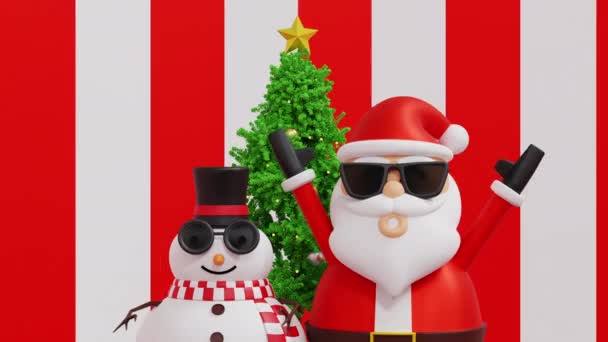 Счастливый Снеговик Санта Клауса Подбодрить Поднять Руку Елкой Украшенной Подарком — стоковое видео