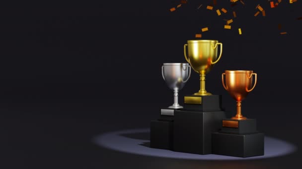 Copos Troféu Ouro Prata Bronze Pódio Vencedor Com Confete Caindo — Vídeo de Stock