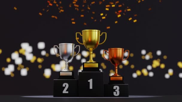 Золотые Серебряные Бронзовые Кубки Пьедестале Почета Победителя Падающими Конфетти Награда — стоковое видео
