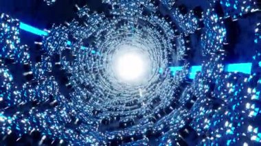 Parlayan neon ışığıyla bilim kurgu tüneline uçmak, teknoloji ve elektronik konsept için döngü hareketi grafiği, 3D görüntüleme.