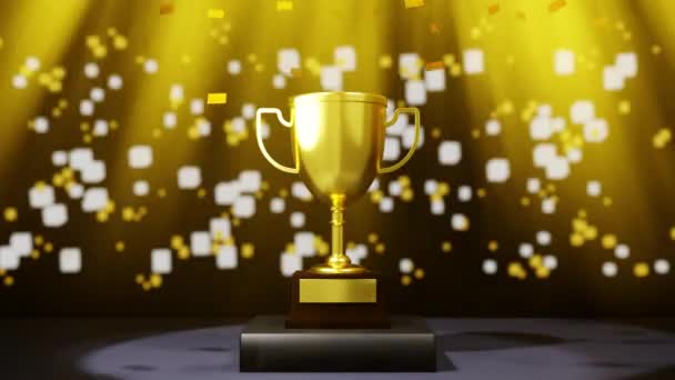 Gold Trophy Cups Winner Podium Falling Confetti Award Champion Moment — Stock Video