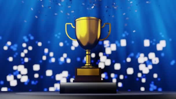 Χρυσό Κύπελλο Τρόπαιο Στο Βάθρο Νικητής Πτώση Κομφετί Βραβείο Για — Αρχείο Βίντεο