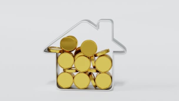 Gouden Munt Vallen Vorm Van Een Huis Spaarvarken Bank Geld — Stockvideo