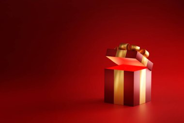 Kırmızı arkaplanda altın kurdeleli kırmızı hediye kutusu, sevgililer günü, festival ya da düğün kutlaması için, 3D yorumlama.