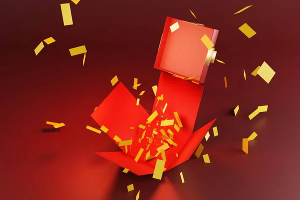 Red gift box with gold ribbons bow open with confetti on red background, for valentine day, festival or wedding celebration, 3D rendering.