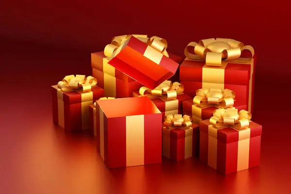 3D Illustration of red gift boxes wrapped with gold ribbon, Suitable for birthday party and valentine day festive wedding celebration, 3D rendering.