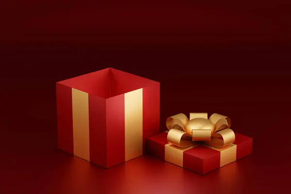 Red gift box with gold ribbons on red background, for valentine day, festival or wedding celebration, 3D rendering.