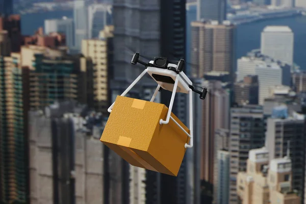 Drone delivering parcel box in urban city, futuristic delivery with aircraft, express delivery, 3D rendering.