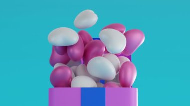 Bir çok balon kalp pembe hediye kutusundan mavi kurdele ile süzülüyor, Sevgililer Günü festivali ya da düğün kutlaması için, 3D görüntüleme. LOOP