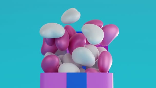 Багато Повітряних Кульок Плавають Від Рожевої Подарункової Коробки Синім Стрічковим — стокове відео