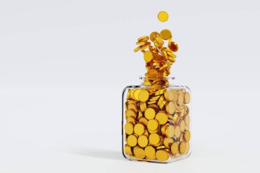 Altın sikke cam şişe kavanozuna düşüyor, dolana kadar doldur, tasarruf büyümesi para konsepti, banka mevduatı, 3D görüntüleme.