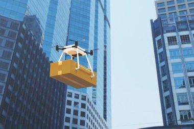 İHA, şehir merkezinde paket teslimatı. Uçaklı fütüristik teslimat. Ekspres teslimat..