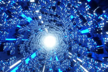 Parlayan neon ışığıyla bilim kurgu tüneline uçmak, teknoloji ve elektronik konsept için döngü hareketi grafiği, 3D görüntüleme.