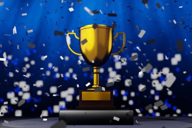 Kazanan podyumda altın kupalar, düşen konfeti, şampiyonluk ödülü, zafer anı, 3D yorumlama.