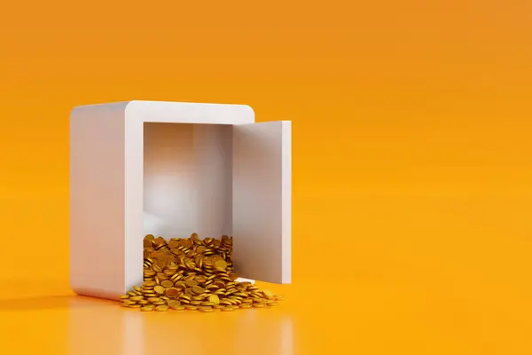 Opening steel safe box with gold coin falling out, security bank safe protect money, 3D rendering.