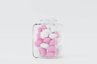 Yumuşak kalpli beyaz arka planda cam şişeye düşmek, Sevgililer Günü, festival ya da düğün kutlaması için, 3D görüntüleme.