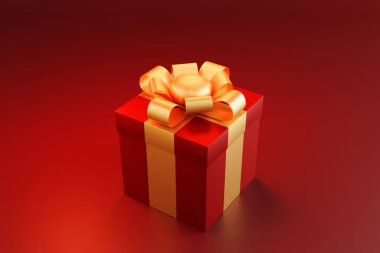 Kırmızı arkaplanda altın kurdeleli kırmızı hediye kutusu, sevgililer günü, festival ya da düğün kutlaması için, 3D yorumlama.