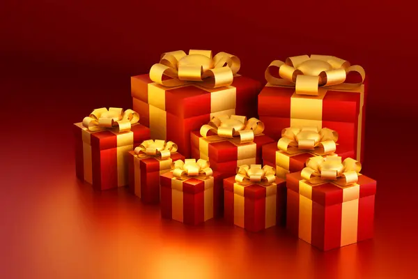 3D Illustration of red gift boxes wrapped with gold ribbon, Suitable for birthday party and valentine day festive wedding celebration, 3D rendering.