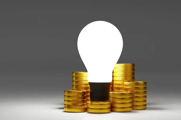 Light bulb with stock of gold coin, get idea to make money concept. 3D rendering.