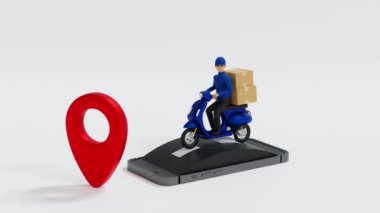 Kargo elemanının cep telefonunda mobilet sürüşü pin konumu, çevrimiçi market alışverişi ulaşımı, 3D görüntüleme. 4K LOOP