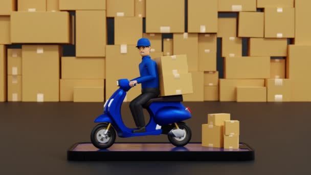 Animation Livreur Scooter Conduite Sur Téléphone Portable Dans Entrepôt Transport — Video