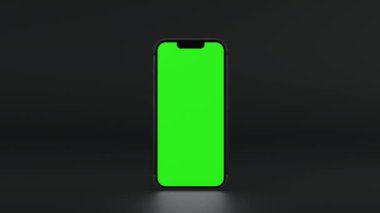 Cep telefonu döndürmesi ve boş yeşil ekran, uygulama veya web sitesi mevcut, 3D görüntüleme 4K