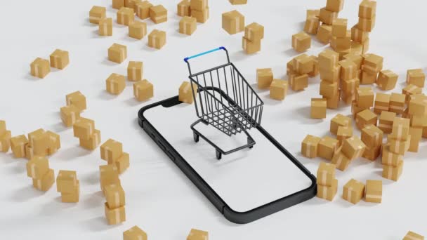 在超级市场购物车手推车上的包裹掉在手机上 然后继续进行 网上购物电子商务全球交付 3D渲染4K画面 — 图库视频影像