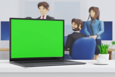 Laptop döndür ve yeşil ekranı göstermek ve ofis çalışma yerinde, uygulama web sitesi sunumunda, 3D görüntüleme için aç