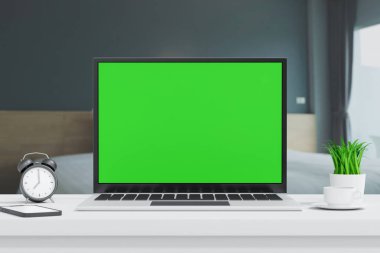 Yeşil ekranı göstermek ve yatak odasında görüntüyü kapatmak için dizüstü bilgisayar açık, uygulama web sitesi sunumu, 3D görüntüleme