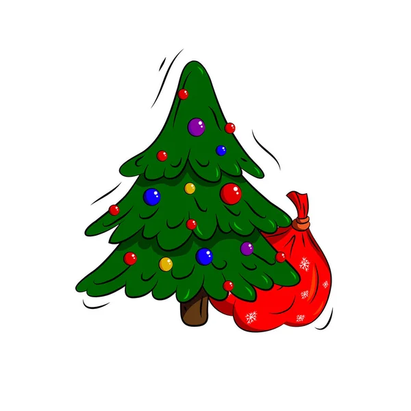 Cartoon Weihnachtsbaum Mit Roter Tasche Auf Weißem Hintergrund Lustige Handgezeichnete — Stockvektor