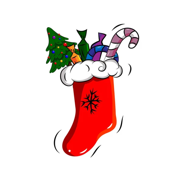 Calcetines Navidad Dibujos Animados Con Caramelos Juguetes Interior Lindo Elemento — Vector de stock