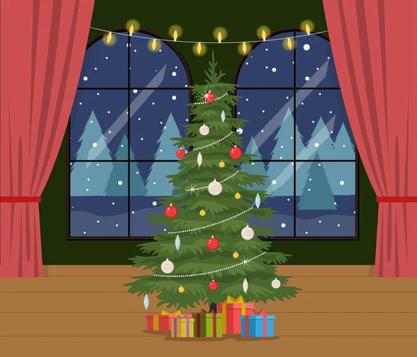 Sala Noite Vetorial Com Grandes Janelas Paisagem Inverno Árvore Natal — Vetor de Stock