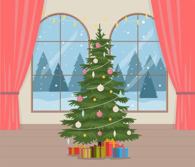 Büyük camları ve kışın manzarası olan vektör odası, Noel ağacı. Güzel bir Noel geçmişi. Yeni yıl afişi, kart, dekoratif öğe.