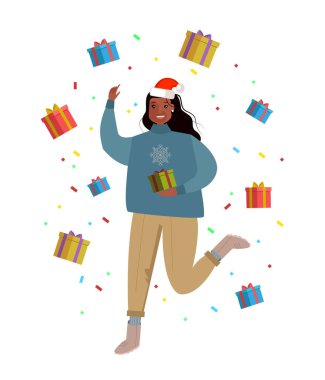 Noel hediyeli mutlu kadın. Yeni yıl tasarımın için güzel bir unsur. Noel arifesi, mutlu kutlamalar, ofis partisi, aile yemeği konsepti..