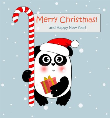 Noel Baba şapkalı, içinde şeker ve hediye olan şirin bir Noel pandası. Mutlu Noeller diler. Kartların için komik bir karakter, poster tasarımı. 