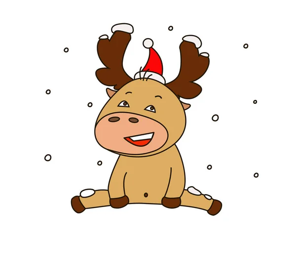 Lindo Venado Dibujos Animados Sombrero Santa Con Nieve Personaje Divertido — Vector de stock