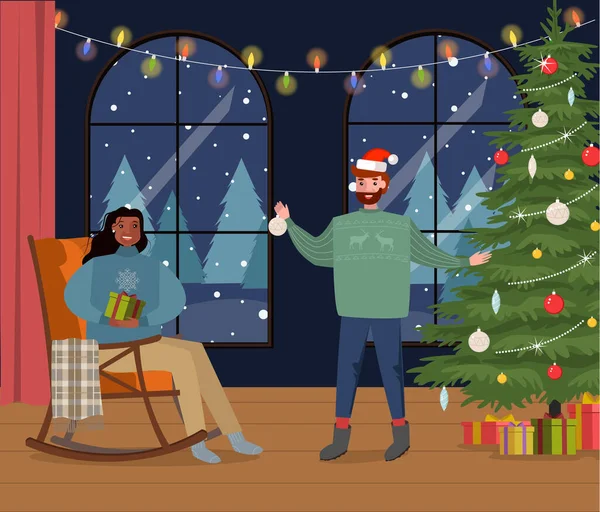 Vector Boldog Férfi Szobában Nagy Ablakokkal Téli Táj Karácsonyfa Gyönyörű — Stock Vector