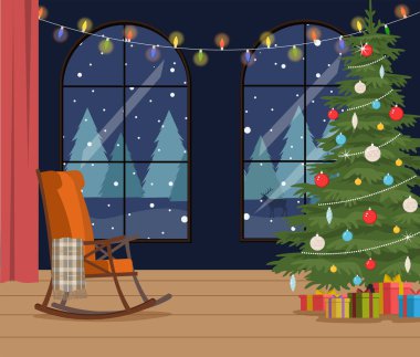 Büyük pencereli, kışın manzaralı, Noel ağacı olan bir toplantı odası. Güzel bir Noel geçmişi. Yeni yıl afişi, kart, dekoratif öğe.